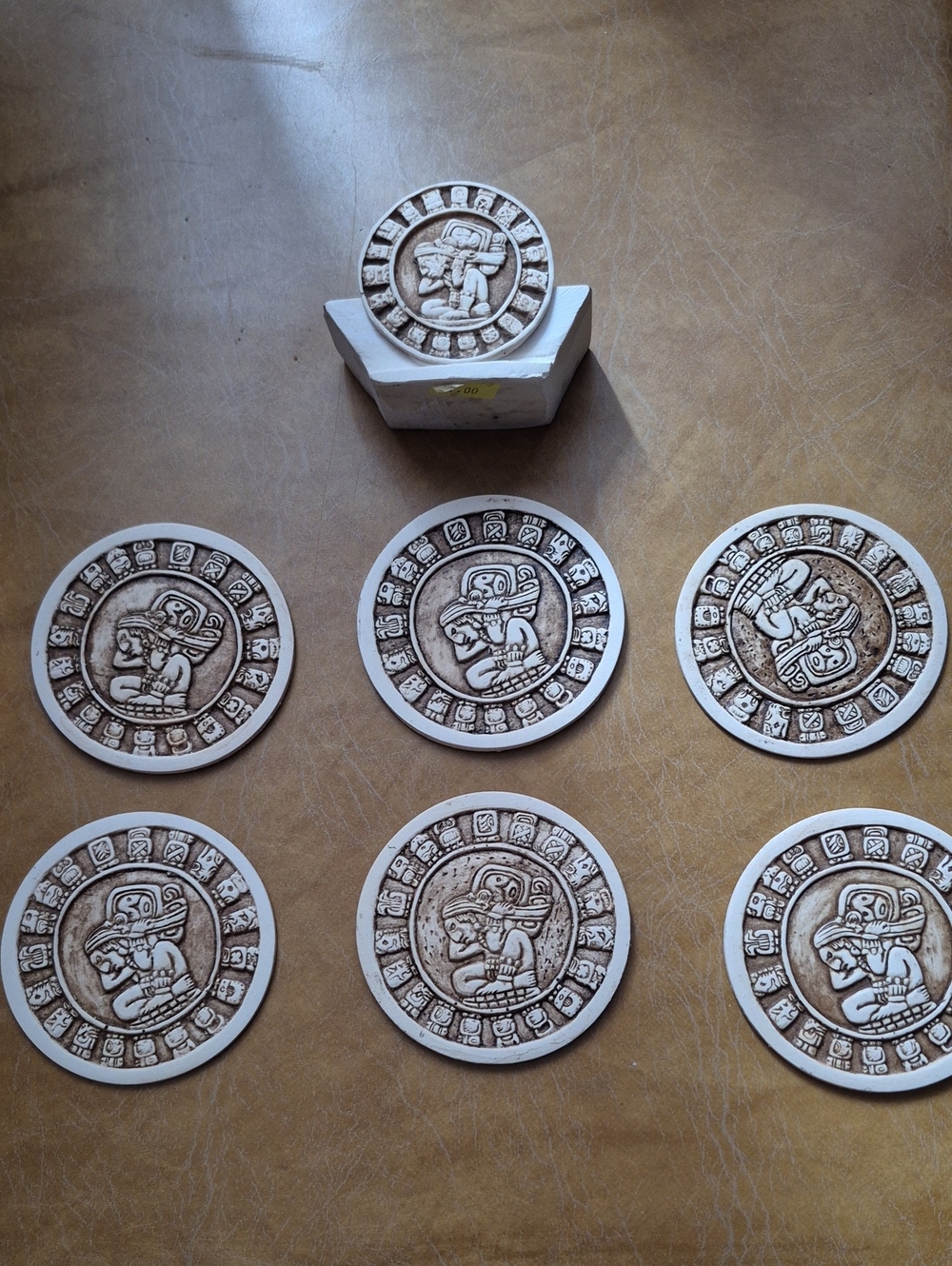 Vintage Handcrafted Clay Or Stone Mayan Calendar Ceramic Coaster Set..like New